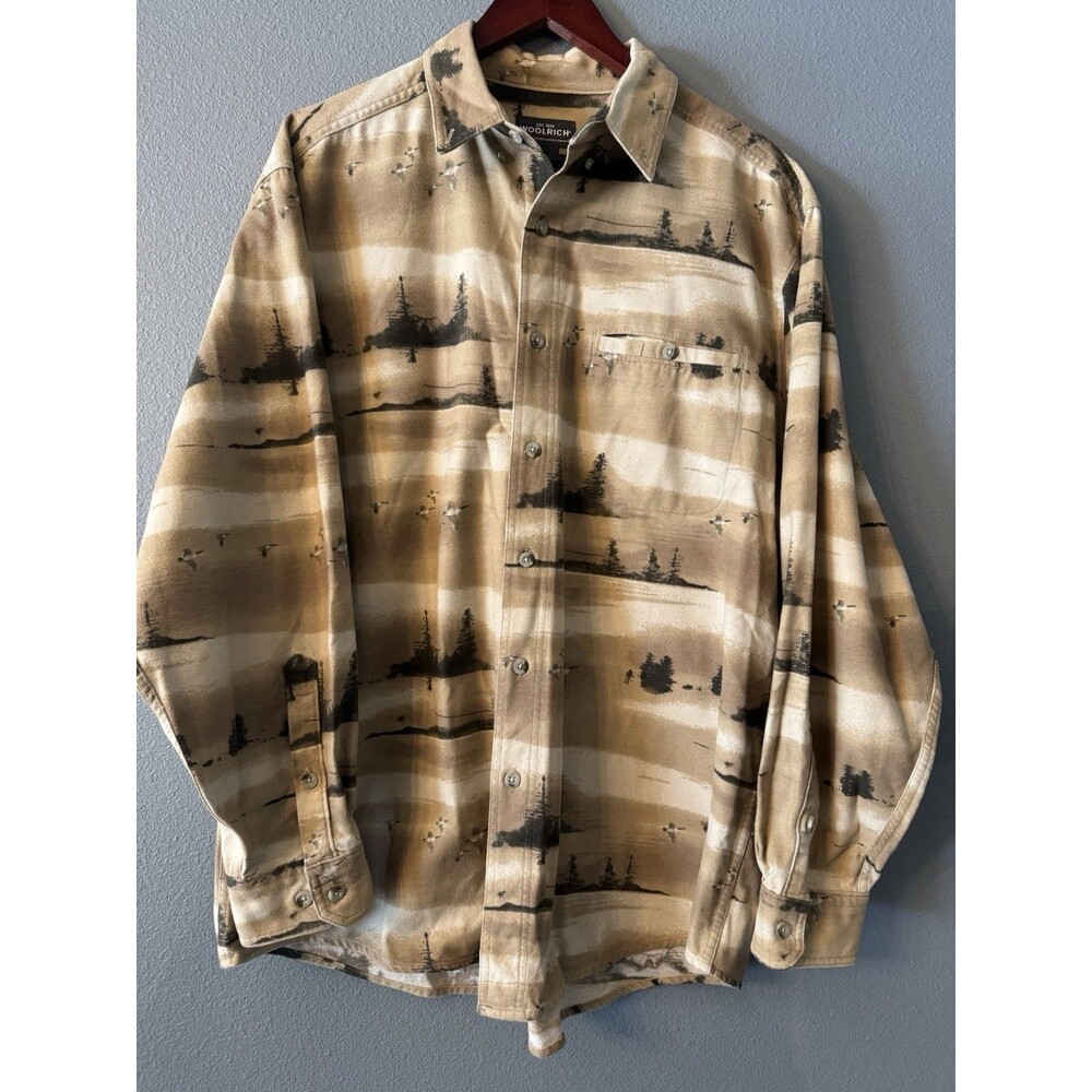Vintage Woolrich Mens L Flannel Shirt Scenic Flying Geese Nature Trees Khaki